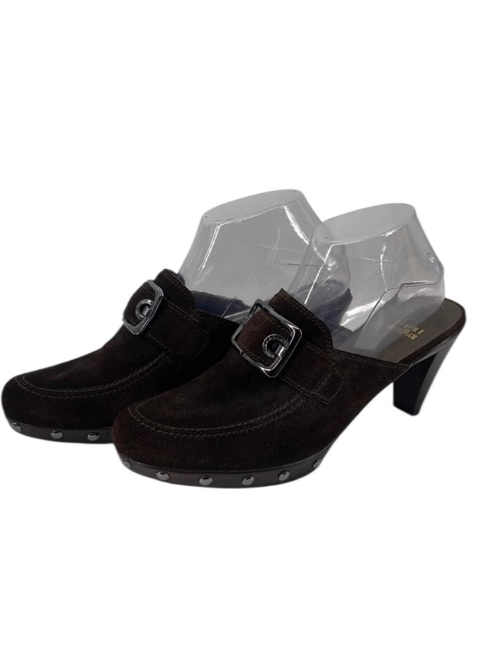 Stuart Weitzman Brown Leather Mule Clogs Heels Buckle Studded Sz 8.5